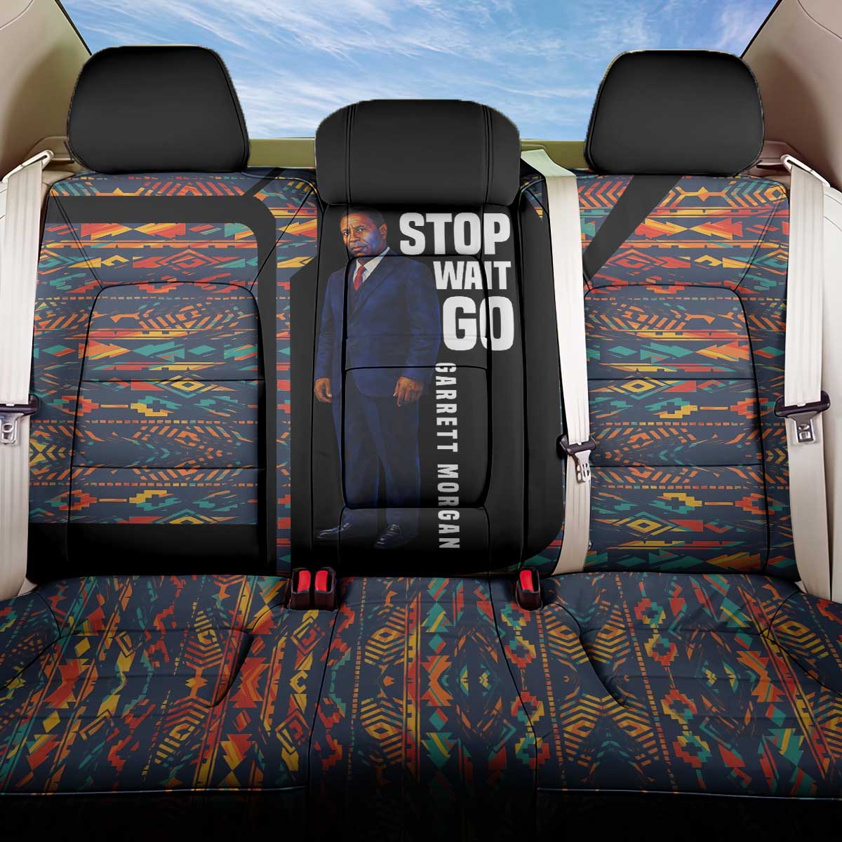 Garrett Morgan Back Car Seat Cover with Full Body Portrait, Stop Wait Go Quote, Traffic Light Design - African Pride