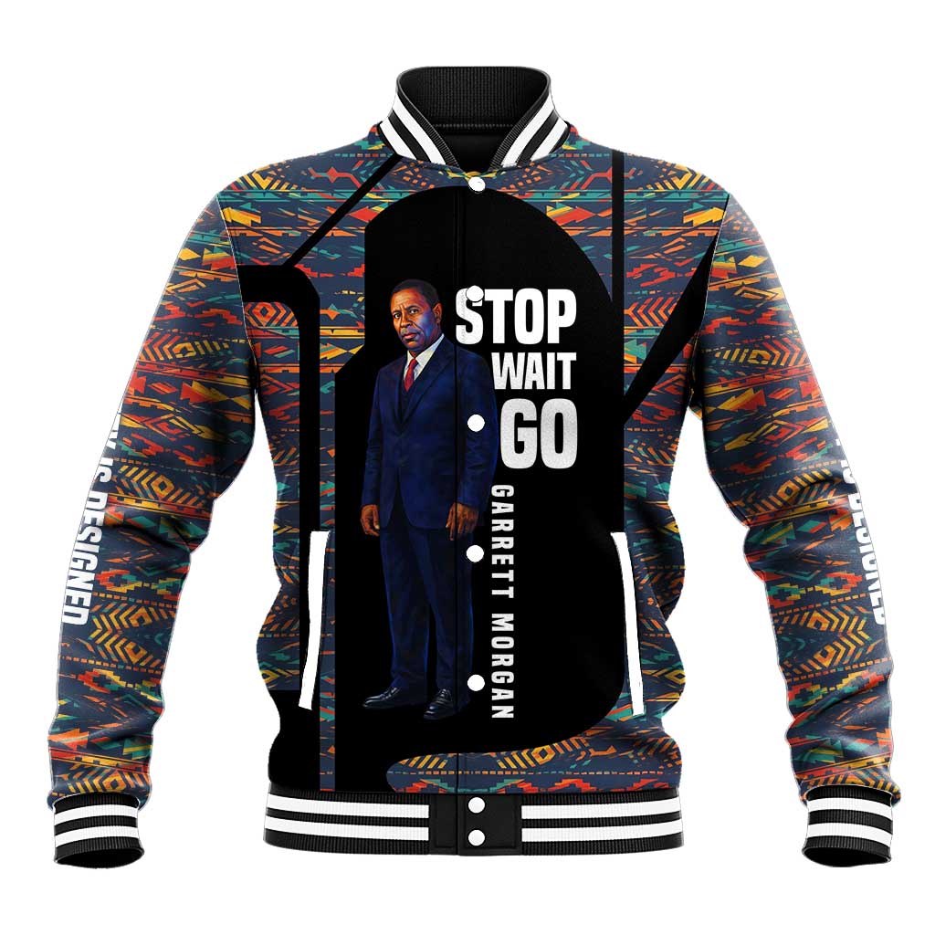 Garrett Morgan Baseball Jacket with Full Body Portrait, Stop Wait Go Quote, Traffic Light Design - African Pride