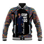 Garrett Morgan Baseball Jacket with Full Body Portrait, Stop Wait Go Quote, Traffic Light Design - African Pride