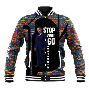 Garrett Morgan Baseball Jacket with Full Body Portrait, Stop Wait Go Quote, Traffic Light Design - African Pride