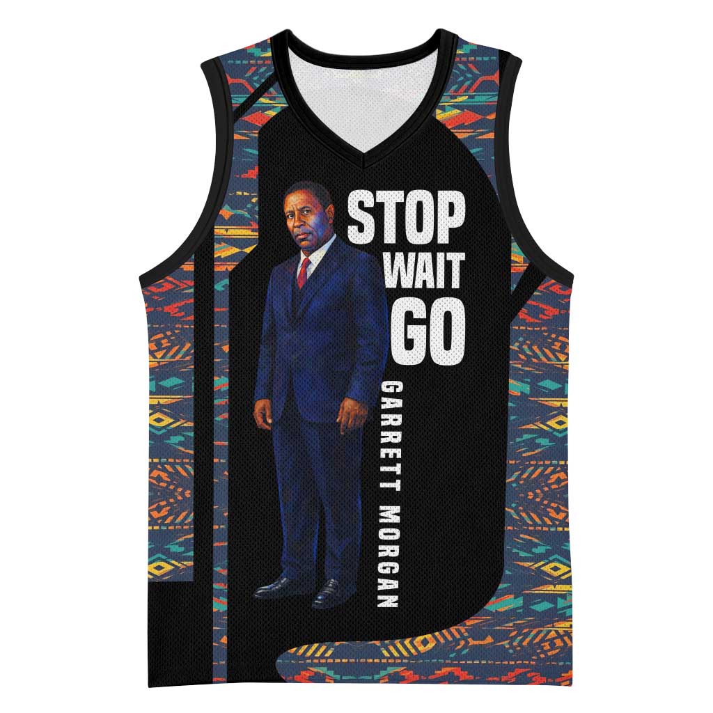 Garrett Morgan Basketball Jersey with Full Body Portrait, Stop Wait Go Quote, Traffic Light Design - African Pride