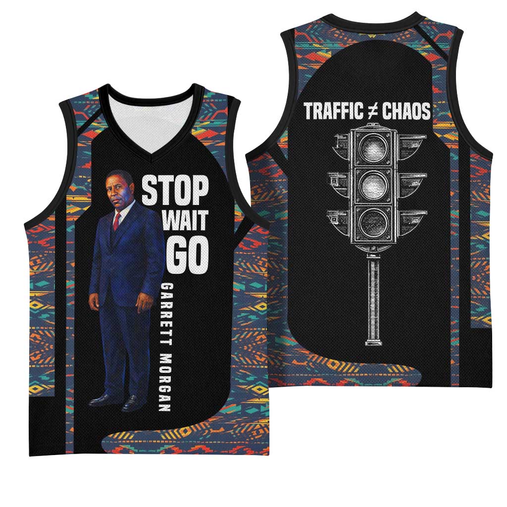 Garrett Morgan Basketball Jersey with Full Body Portrait, Stop Wait Go Quote, Traffic Light Design - African Pride