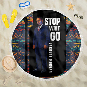 Garrett Morgan Beach Blanket with Full Body Portrait, Stop Wait Go Quote, Traffic Light Design - African Pride