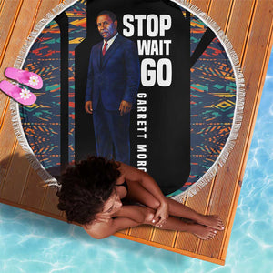 Garrett Morgan Beach Blanket with Full Body Portrait, Stop Wait Go Quote, Traffic Light Design - African Pride