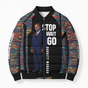 Garrett Morgan Bomber Puffer Jacket with Full Body Portrait, Stop Wait Go Quote, Traffic Light Design - African Pride