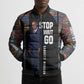 Garrett Morgan Bomber Puffer Jacket with Full Body Portrait, Stop Wait Go Quote, Traffic Light Design - African Pride