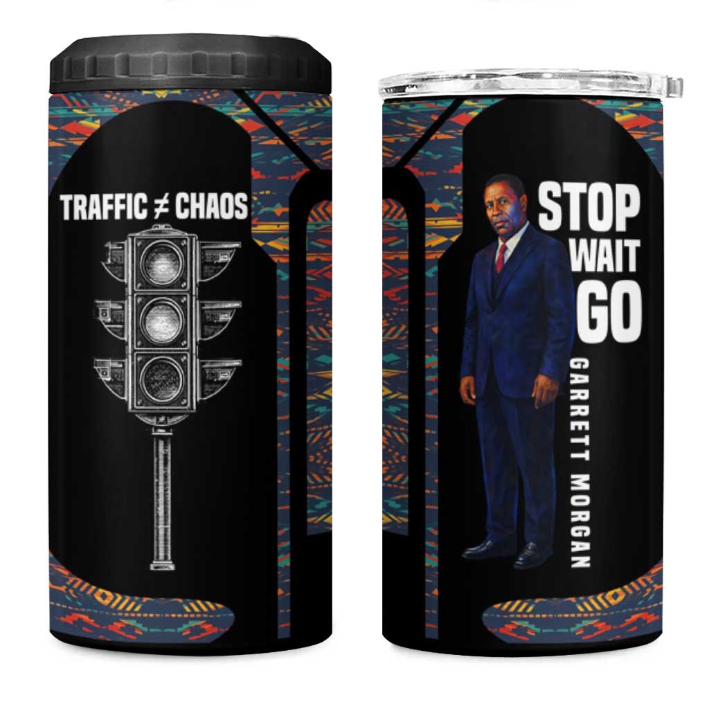 Garrett Morgan 4 in 1 Can Cooler Tumbler with Full Body Portrait, Stop Wait Go Quote, Traffic Light Design - African Pride