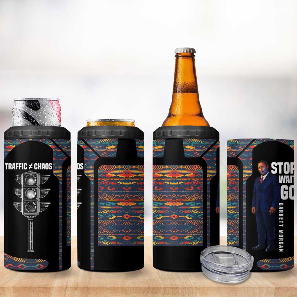 Garrett Morgan 4 in 1 Can Cooler Tumbler with Full Body Portrait, Stop Wait Go Quote, Traffic Light Design - African Pride