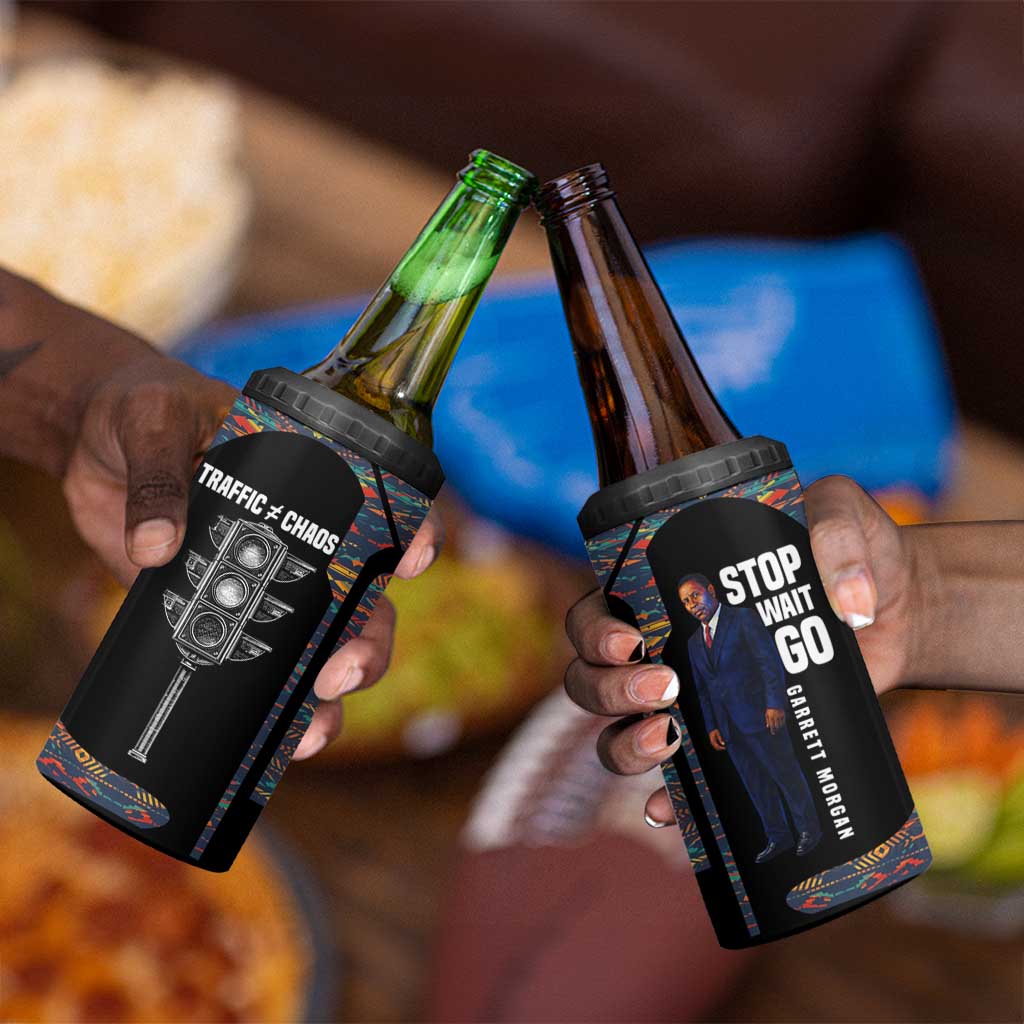 Garrett Morgan 4 in 1 Can Cooler Tumbler with Full Body Portrait, Stop Wait Go Quote, Traffic Light Design - African Pride