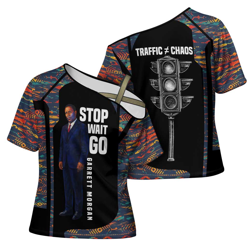 Garrett Morgan Cross Shoulder Shirt with Full Body Portrait, Stop Wait Go Quote, Traffic Light Design - African Pride
