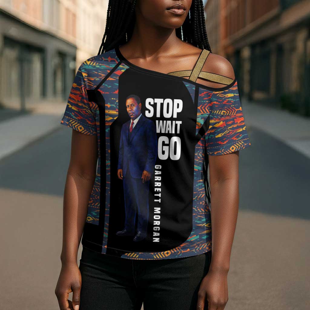 Garrett Morgan Cross Shoulder Shirt with Full Body Portrait, Stop Wait Go Quote, Traffic Light Design - African Pride