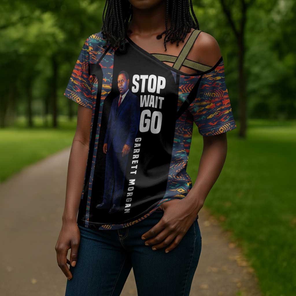 Garrett Morgan Cross Shoulder Shirt with Full Body Portrait, Stop Wait Go Quote, Traffic Light Design - African Pride