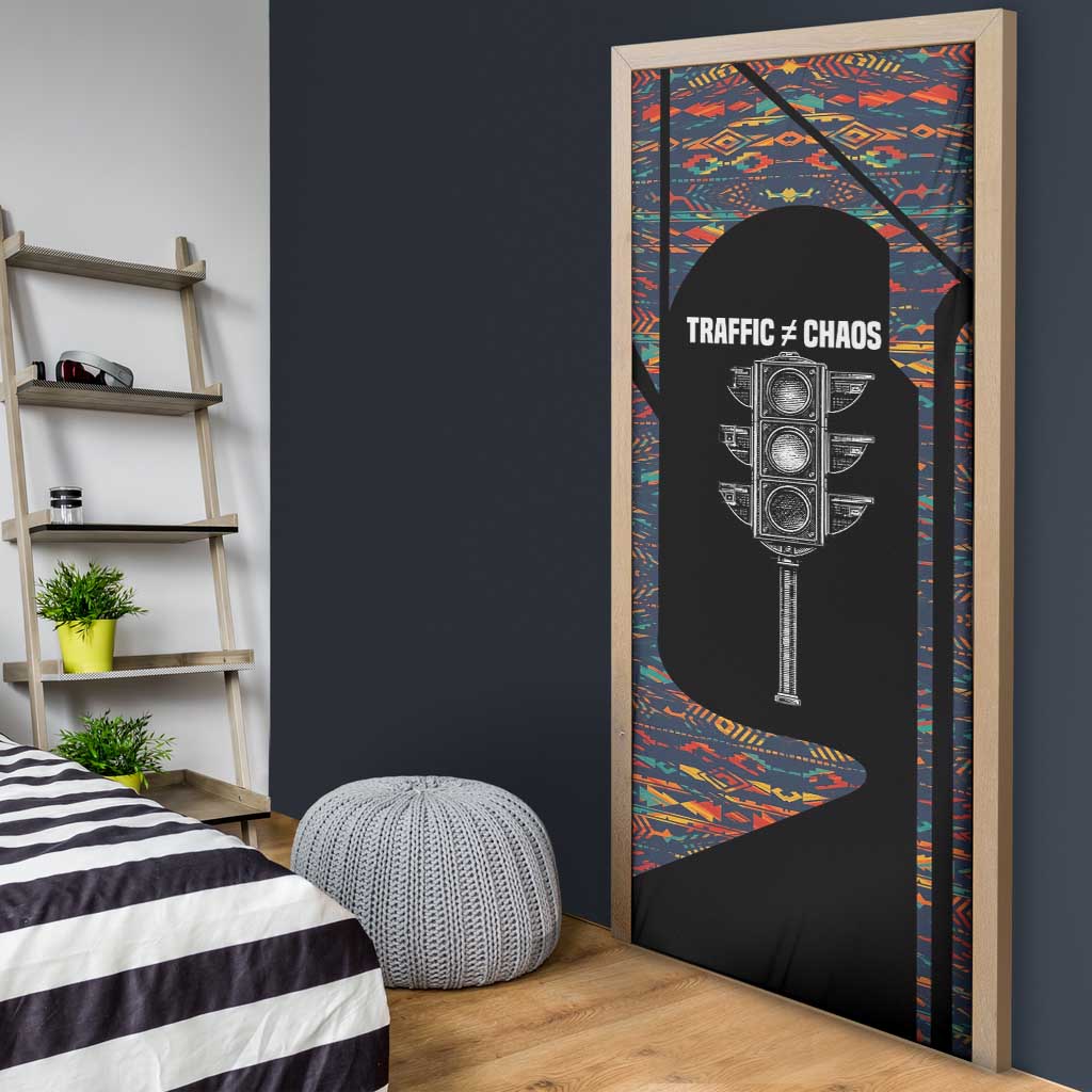 Garrett Morgan Door Cover with Full Body Portrait, Stop Wait Go Quote, Traffic Light Design - African Pride