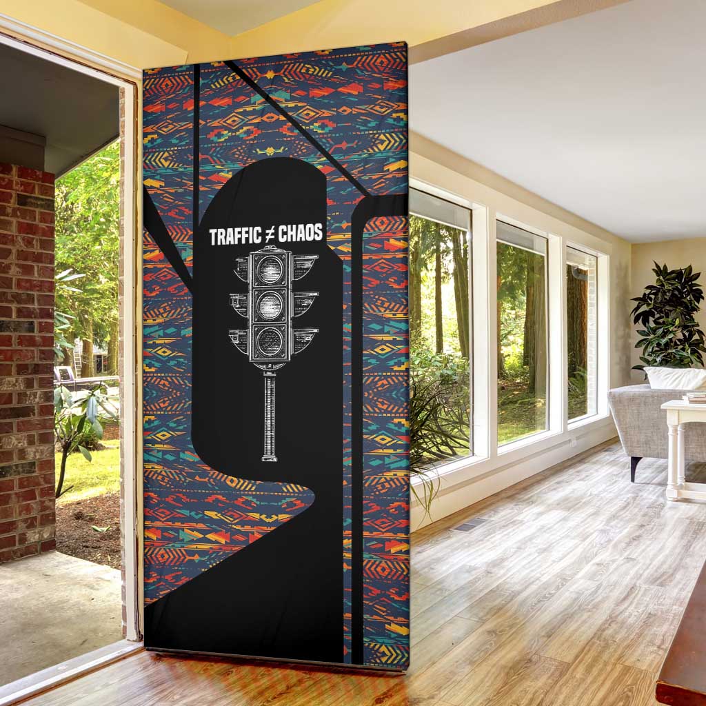 Garrett Morgan Door Cover with Full Body Portrait, Stop Wait Go Quote, Traffic Light Design - African Pride
