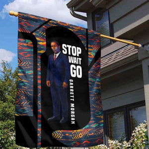 Garrett Morgan Garden Flag with Full Body Portrait, Stop Wait Go Quote, Traffic Light Design - African Pride