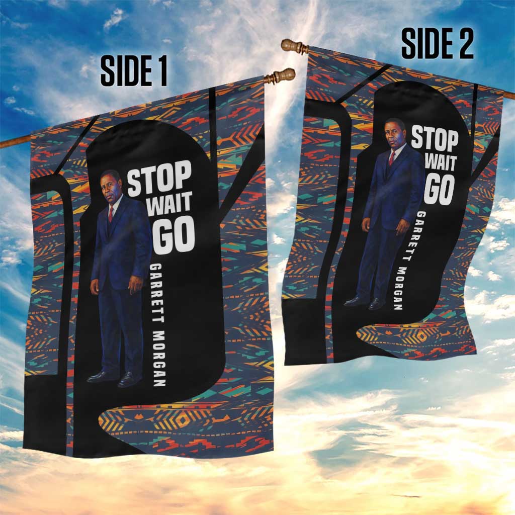 Garrett Morgan Garden Flag with Full Body Portrait, Stop Wait Go Quote, Traffic Light Design - African Pride