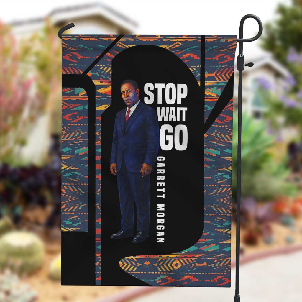 Garrett Morgan Garden Flag with Full Body Portrait, Stop Wait Go Quote, Traffic Light Design - African Pride