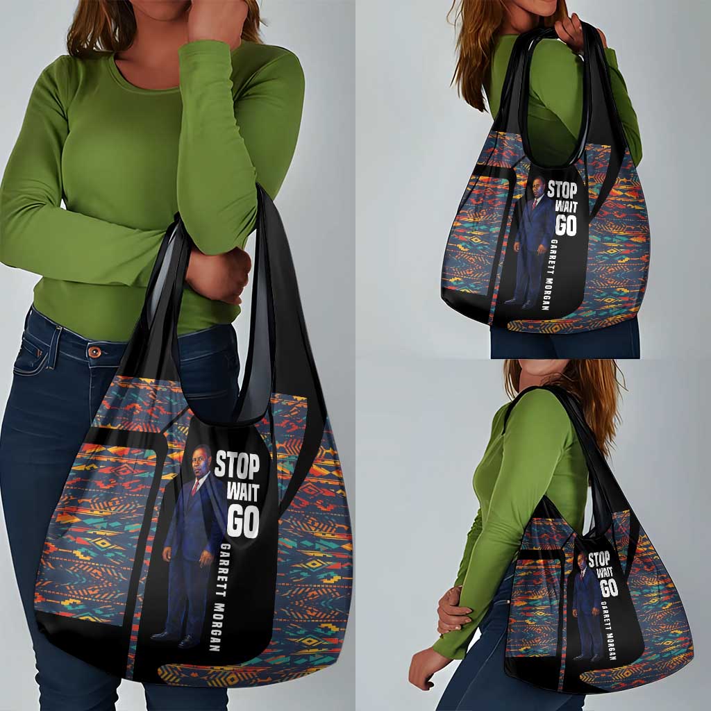 Garrett Morgan Grocery Bag with Full Body Portrait, Stop Wait Go Quote, Traffic Light Design - African Pride