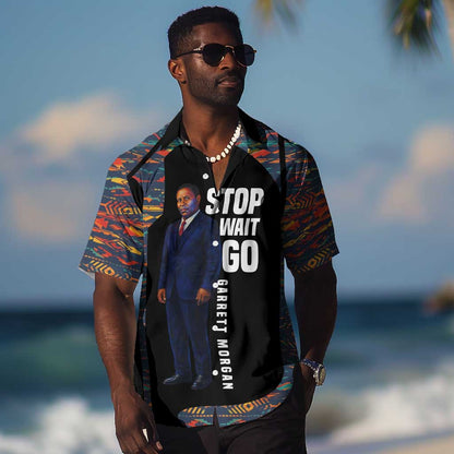 Garrett Morgan Hawaiian Shirt with Full Body Portrait, Stop Wait Go Quote, Traffic Light Design - African Pride