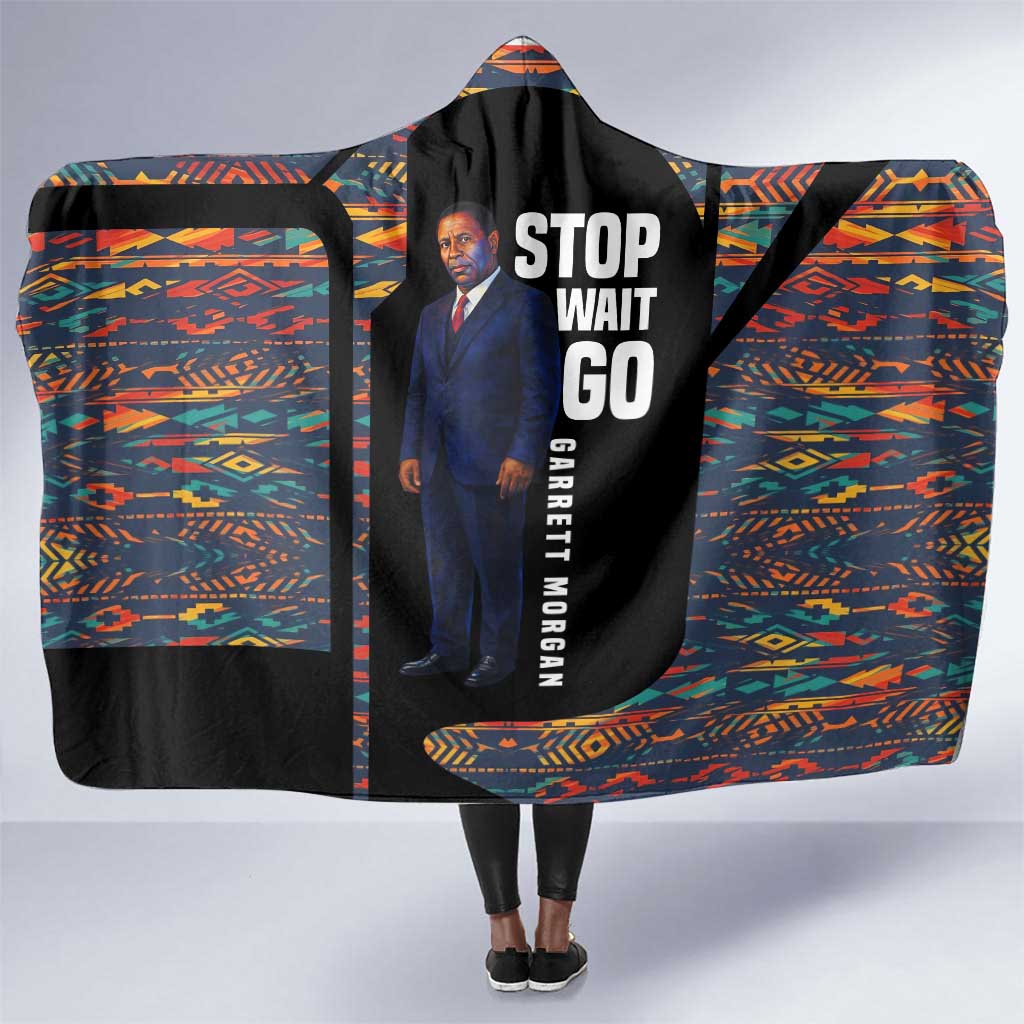 Garrett Morgan Hooded Blanket with Full Body Portrait, Stop Wait Go Quote, Traffic Light Design - African Pride