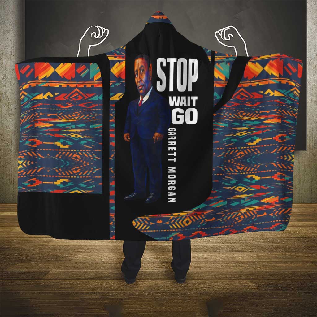 Garrett Morgan Hooded Blanket with Full Body Portrait, Stop Wait Go Quote, Traffic Light Design - African Pride
