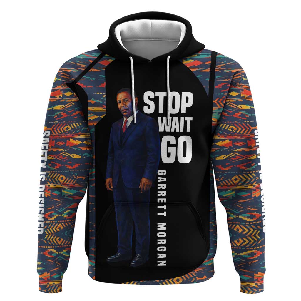 Garrett Morgan Hoodie with Full Body Portrait, Stop Wait Go Quote, Traffic Light Design - African Pride