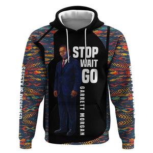 Garrett Morgan Hoodie with Full Body Portrait, Stop Wait Go Quote, Traffic Light Design - African Pride