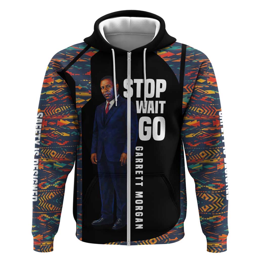 Garrett Morgan Hoodie with Full Body Portrait, Stop Wait Go Quote, Traffic Light Design - African Pride