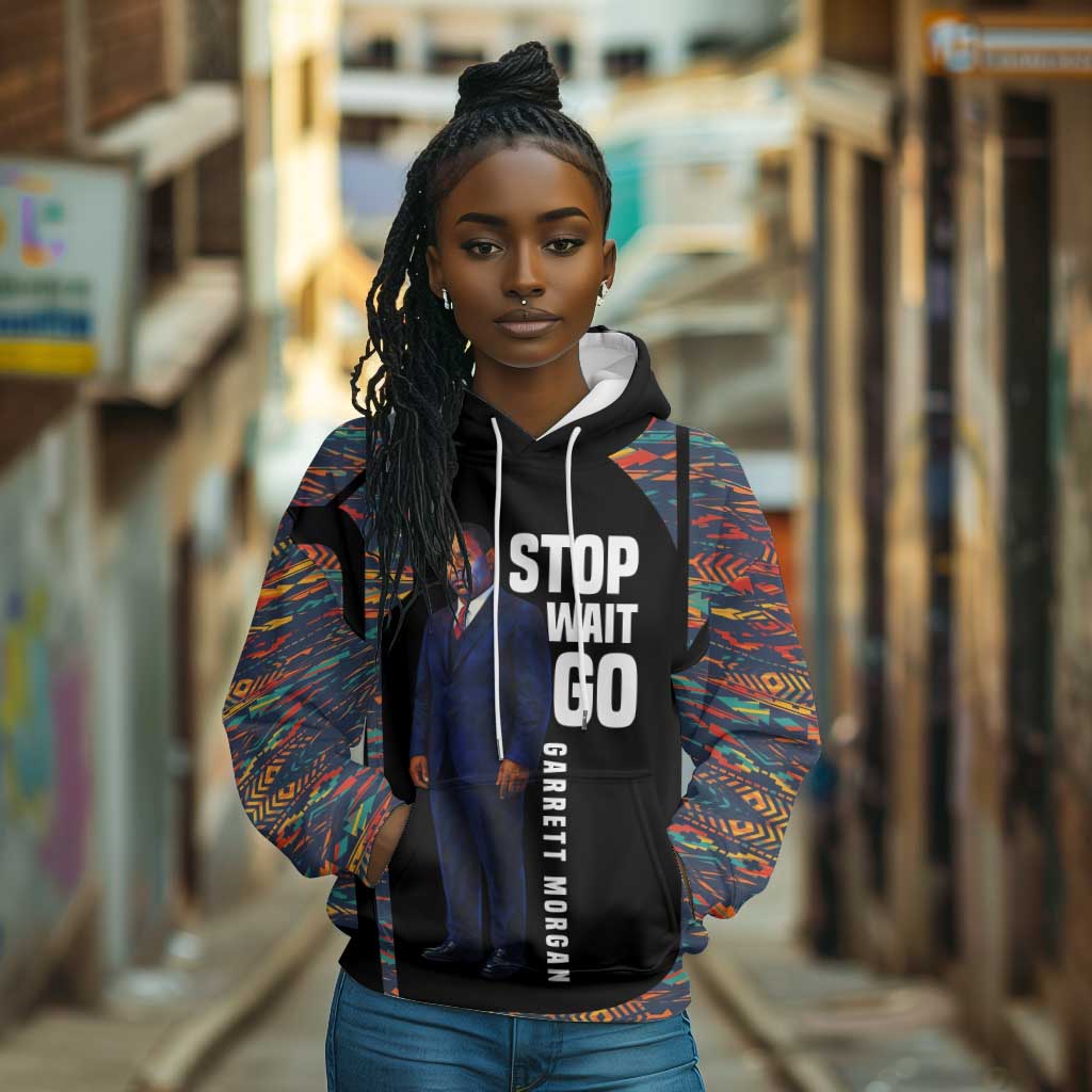 Garrett Morgan Hoodie with Full Body Portrait, Stop Wait Go Quote, Traffic Light Design - African Pride