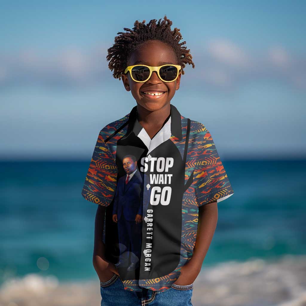 Garrett Morgan Kid Hawaiian Shirt with Full Body Portrait, Stop Wait Go Quote, Traffic Light Design - African Pride