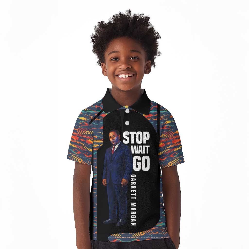Garrett Morgan Kid Polo Shirt with Full Body Portrait, Stop Wait Go Quote, Traffic Light Design - African Pride