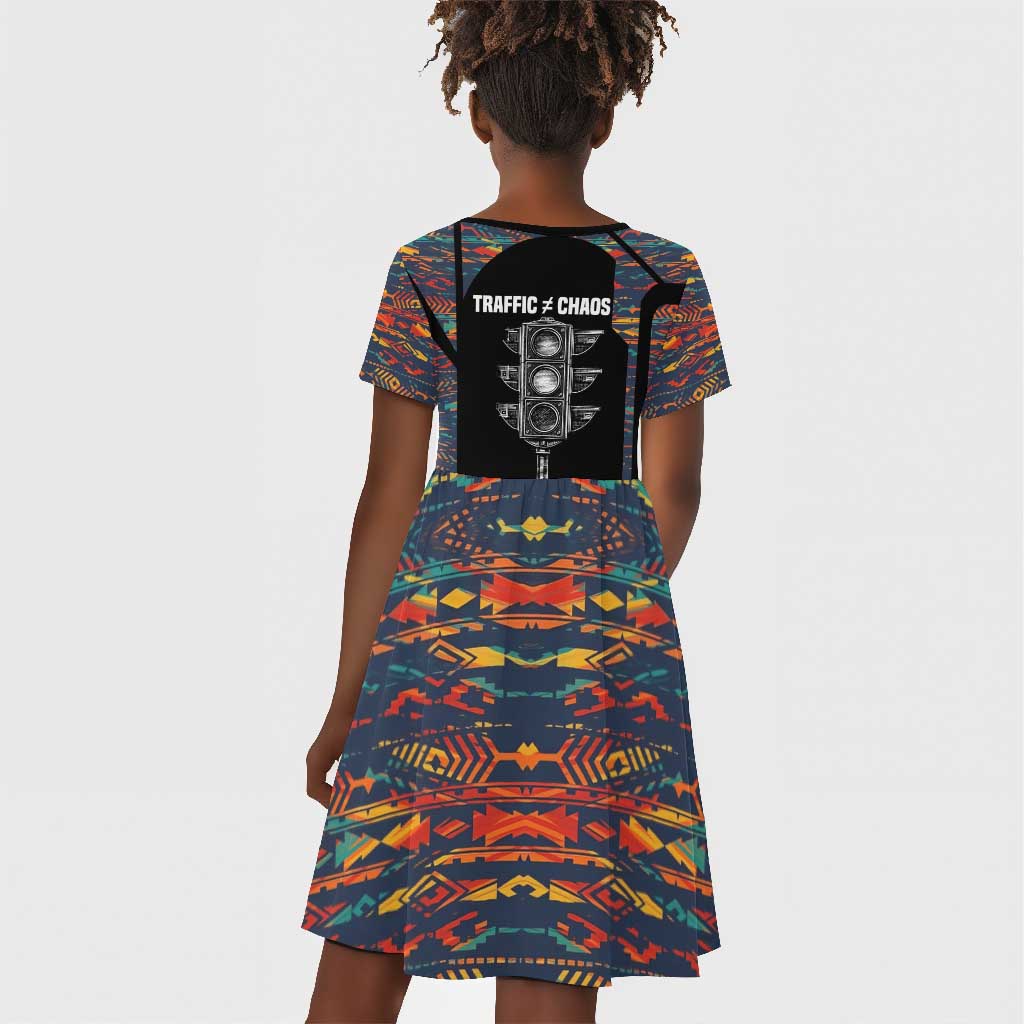 Garrett Morgan Kid Short Sleeve Dress with Full Body Portrait, Stop Wait Go Quote, Traffic Light Design - African Pride