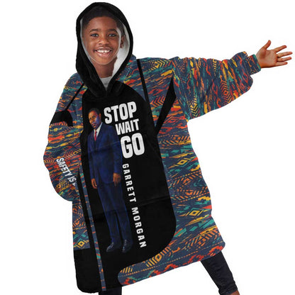 Garrett Morgan Kid Wearable Blanket Hoodie with Full Body Portrait, Stop Wait Go Quote, Traffic Light Design - African Pride