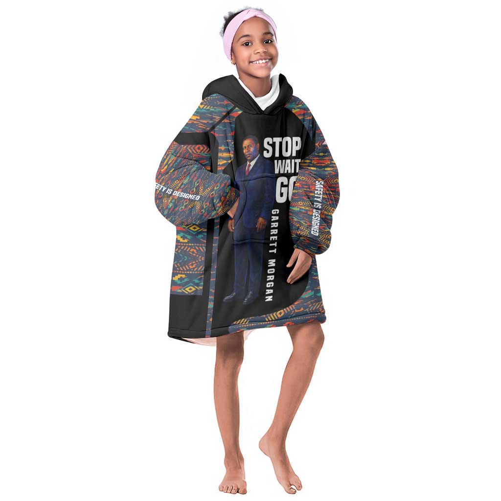 Garrett Morgan Kid Wearable Blanket Hoodie with Full Body Portrait, Stop Wait Go Quote, Traffic Light Design - African Pride