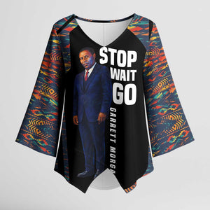 Garrett Morgan Kimono Sleeve Blouse with Full Body Portrait, Stop Wait Go Quote, Traffic Light Design - African Pride