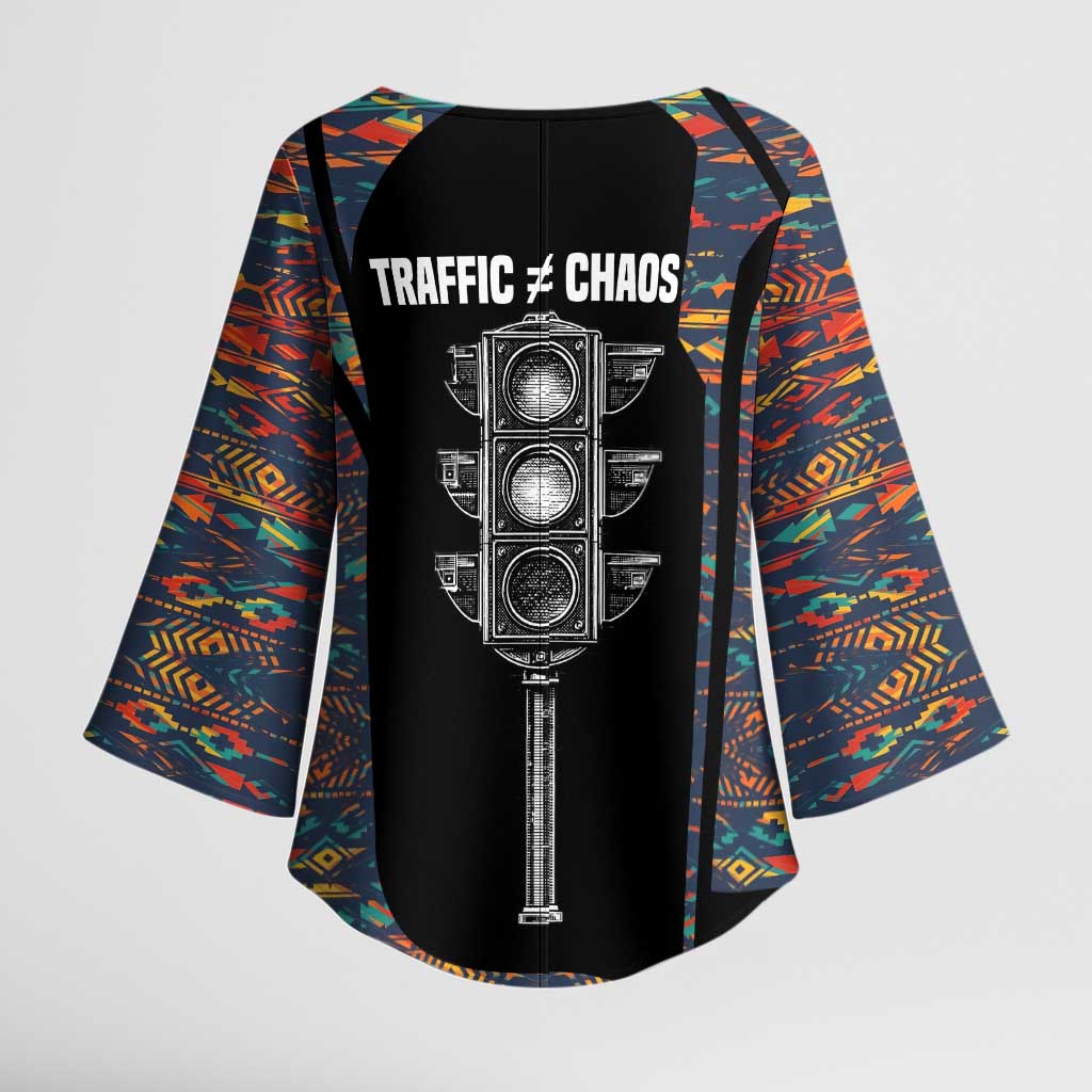 Garrett Morgan Kimono Sleeve Blouse with Full Body Portrait, Stop Wait Go Quote, Traffic Light Design - African Pride