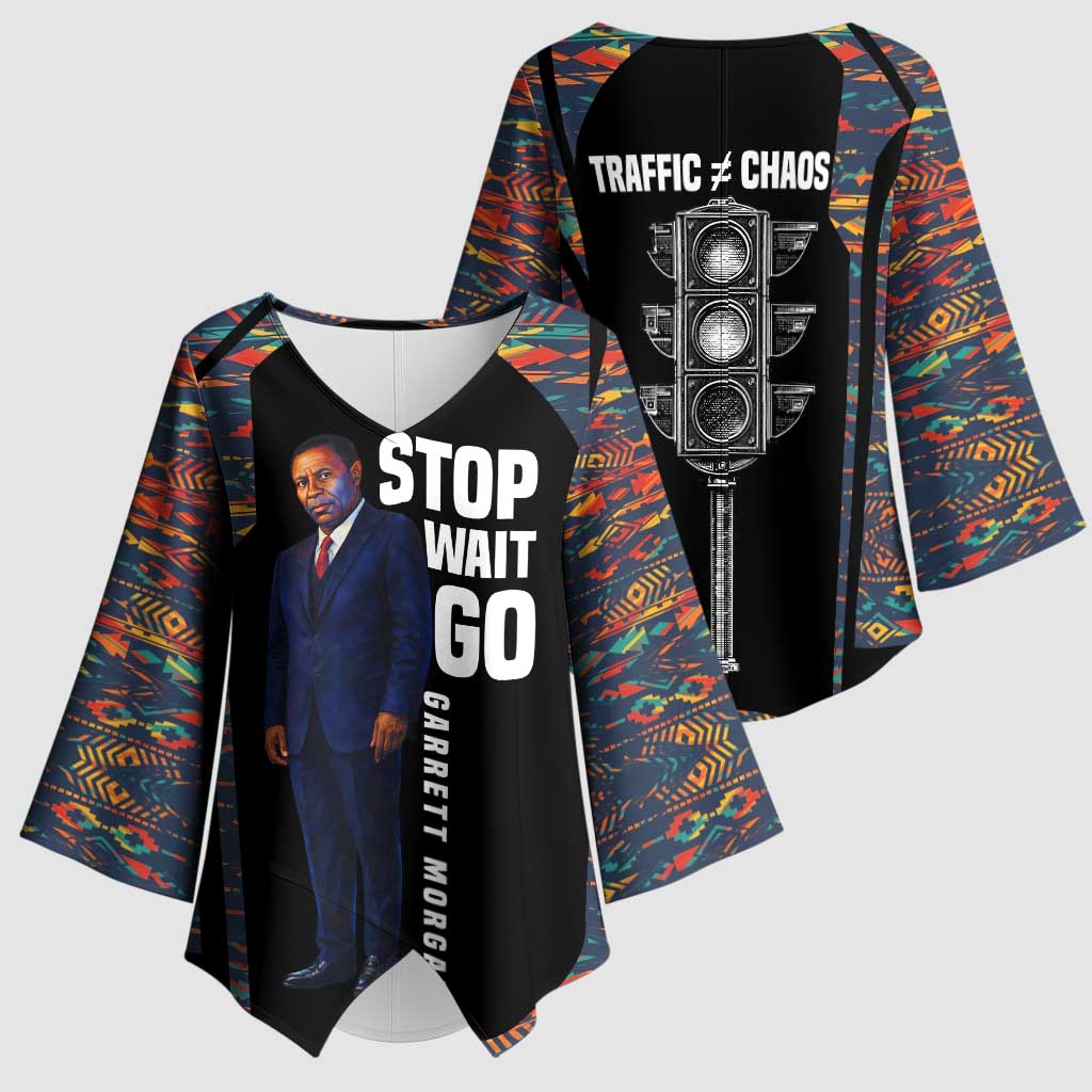 Garrett Morgan Kimono Sleeve Blouse with Full Body Portrait, Stop Wait Go Quote, Traffic Light Design - African Pride