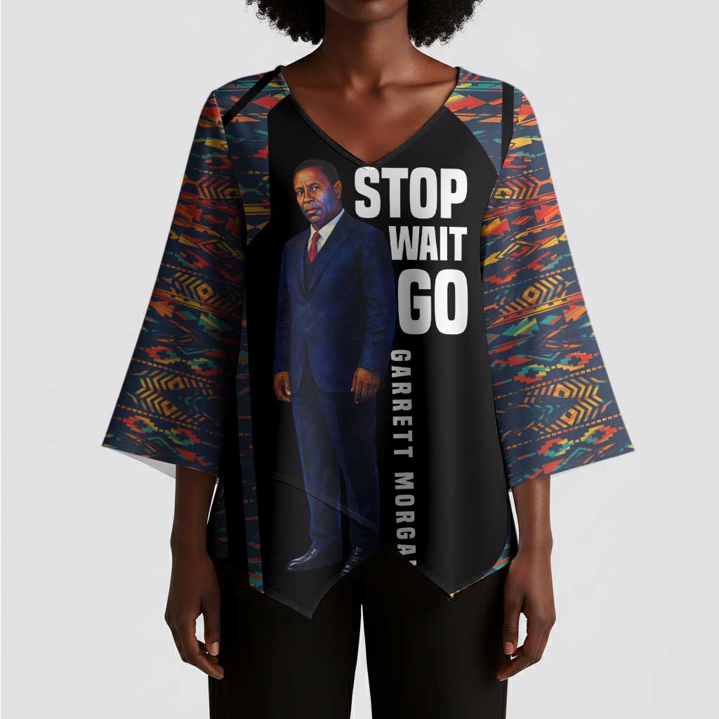 Garrett Morgan Kimono Sleeve Blouse with Full Body Portrait, Stop Wait Go Quote, Traffic Light Design - African Pride