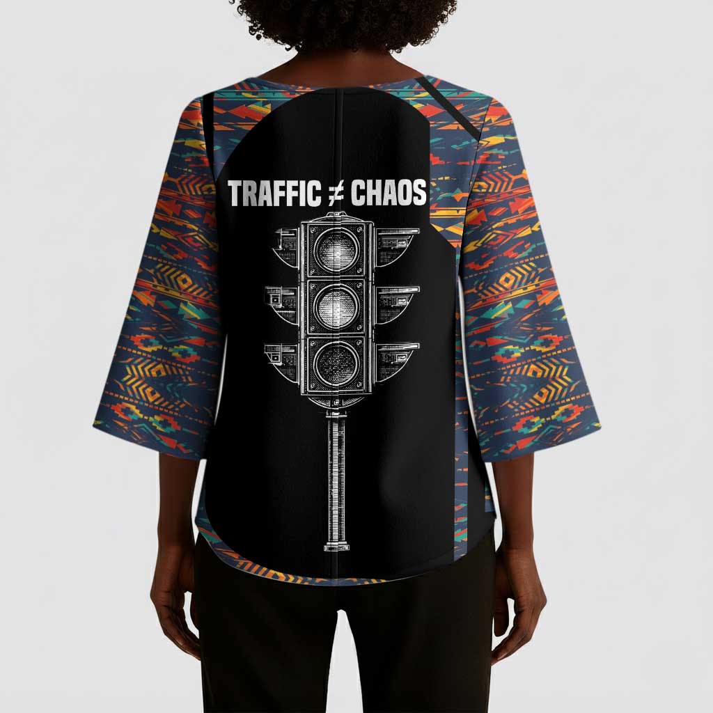 Garrett Morgan Kimono Sleeve Blouse with Full Body Portrait, Stop Wait Go Quote, Traffic Light Design - African Pride