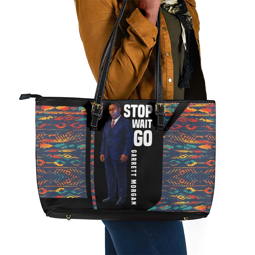 Garrett Morgan Leather Tote Bag with Full Body Portrait, Stop Wait Go Quote, Traffic Light Design - African Pride