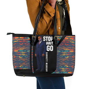 Garrett Morgan Leather Tote Bag with Full Body Portrait, Stop Wait Go Quote, Traffic Light Design - African Pride