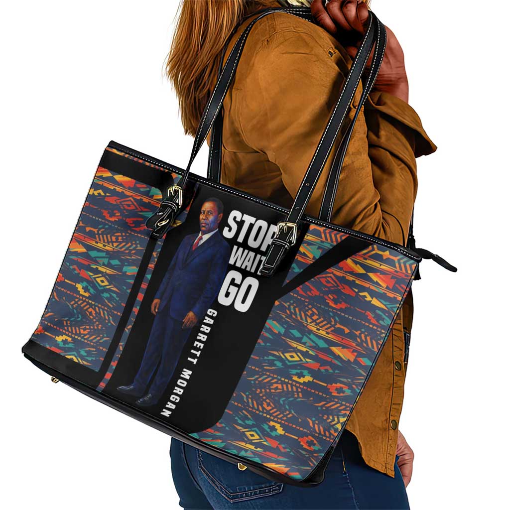 Garrett Morgan Leather Tote Bag with Full Body Portrait, Stop Wait Go Quote, Traffic Light Design - African Pride