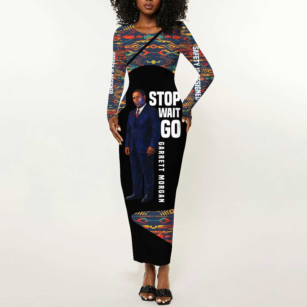 Garrett Morgan Long Sleeve Bodycon Dress with Full Body Portrait, Stop Wait Go Quote, Traffic Light Design - African Pride