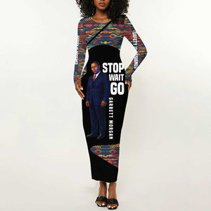 Garrett Morgan Long Sleeve Bodycon Dress with Full Body Portrait, Stop Wait Go Quote, Traffic Light Design - African Pride