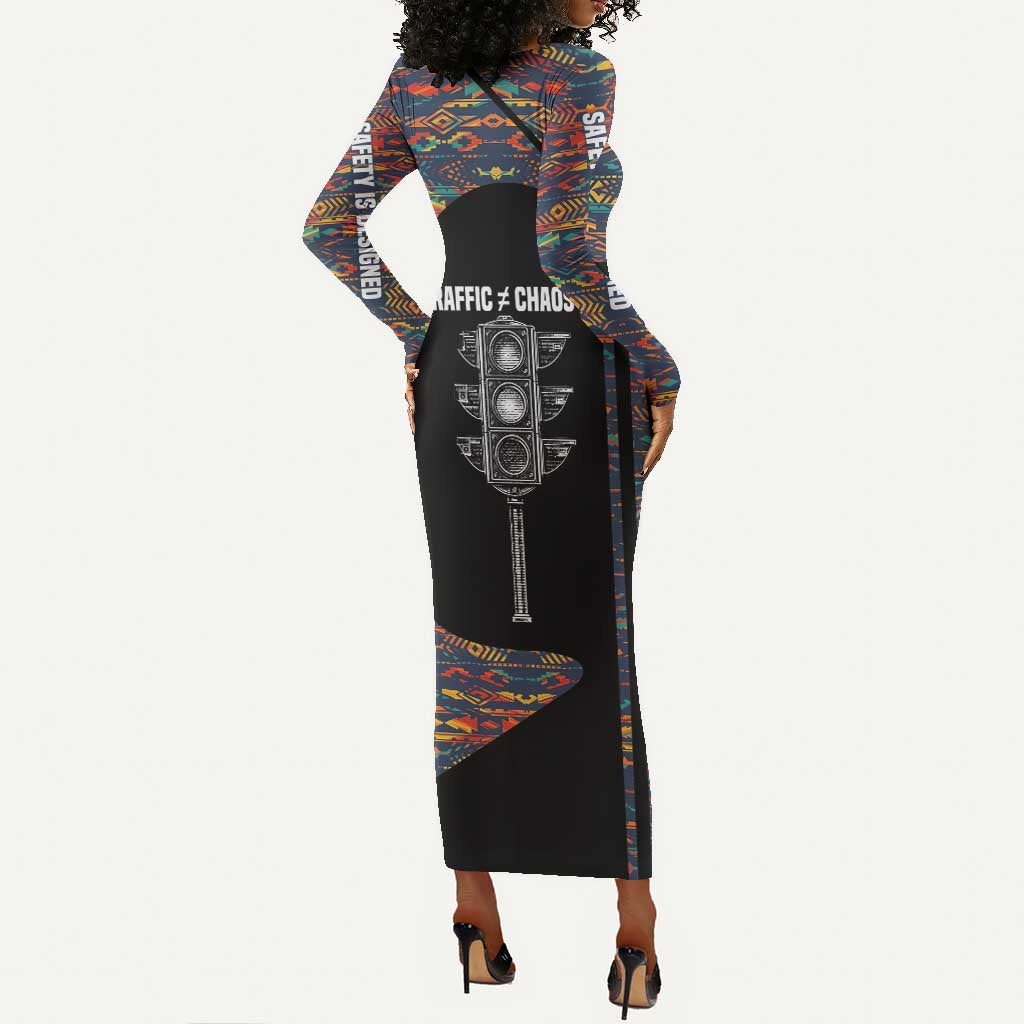 Garrett Morgan Long Sleeve Bodycon Dress with Full Body Portrait, Stop Wait Go Quote, Traffic Light Design - African Pride