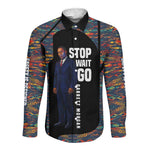 Garrett Morgan Long Sleeve Button Shirt with Full Body Portrait, Stop Wait Go Quote, Traffic Light Design - African Pride