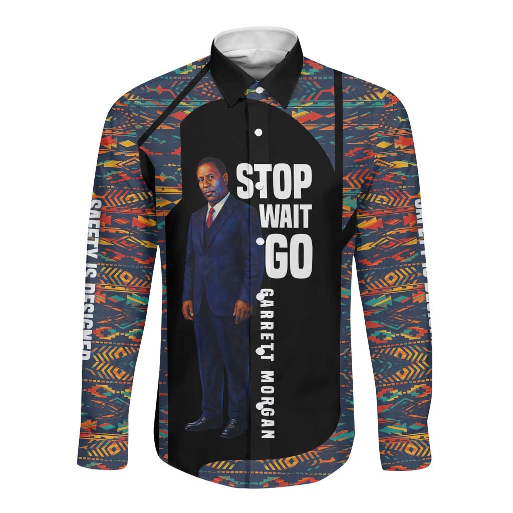 Garrett Morgan Long Sleeve Button Shirt with Full Body Portrait, Stop Wait Go Quote, Traffic Light Design - African Pride