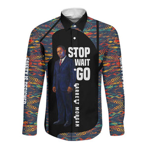 Garrett Morgan Long Sleeve Button Shirt with Full Body Portrait, Stop Wait Go Quote, Traffic Light Design - African Pride