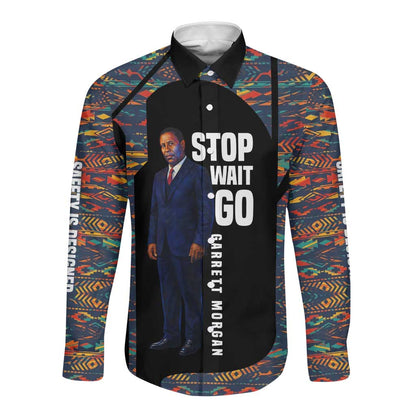 Garrett Morgan Long Sleeve Button Shirt with Full Body Portrait, Stop Wait Go Quote, Traffic Light Design - African Pride