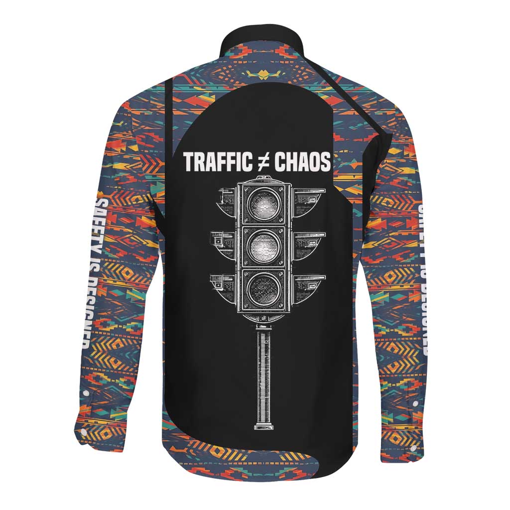 Garrett Morgan Long Sleeve Button Shirt with Full Body Portrait, Stop Wait Go Quote, Traffic Light Design - African Pride